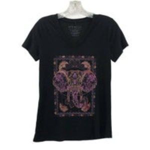 Asian Elephant Henna Doodle Black Burnout Tee Small V Neck Shirt